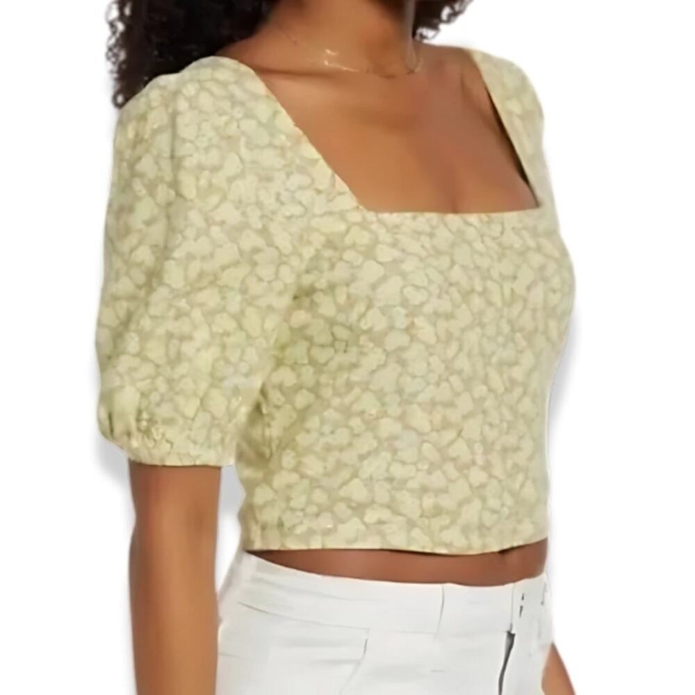 BP. Puff Sleeve Crop Top Allison Linen Blend Yellow Floral Women's Plus 2X NWOT
